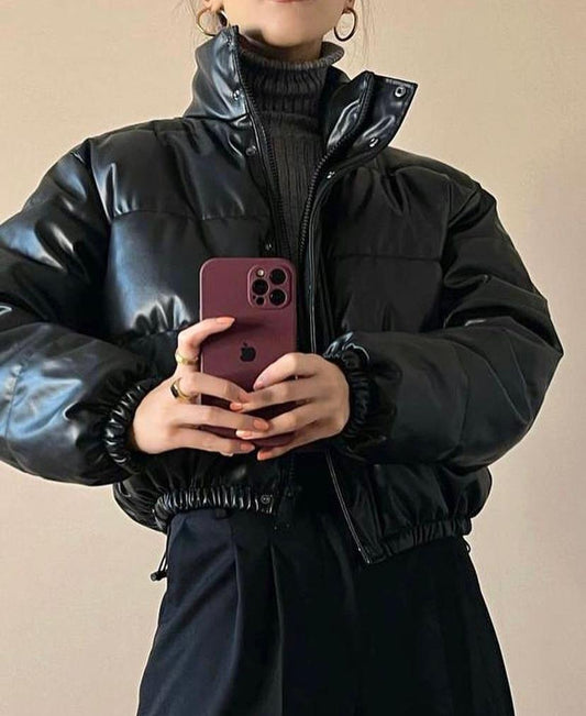 Short faux leather puffer jacket