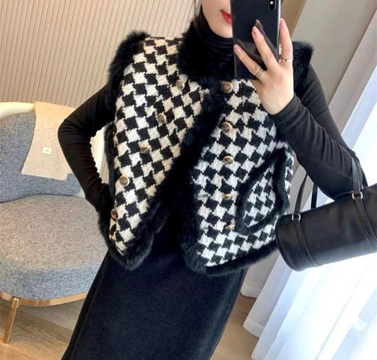 Heejin houndstooth-fur vest