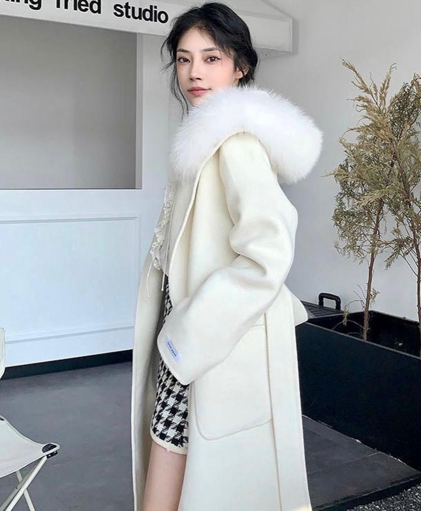 Hooded faux fur long coat