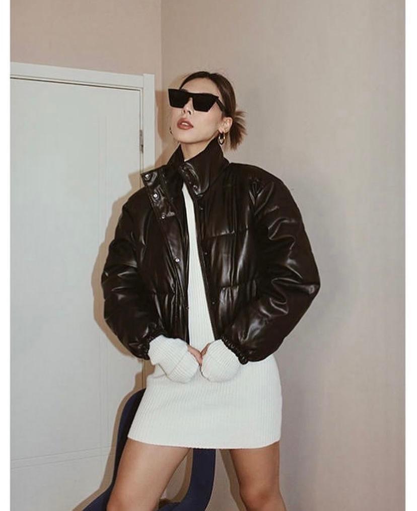 Short faux leather puffer jacket